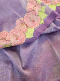 Handwoven Mangalagiri Pattu Saree with Floral Patch Work - Lavender