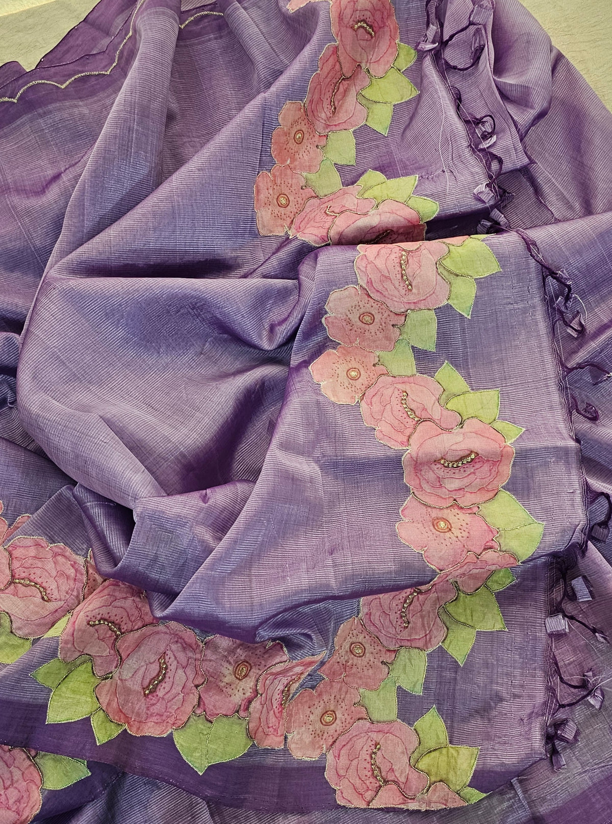 Handwoven Mangalagiri Pattu Saree with Floral Patch Work - Lavender