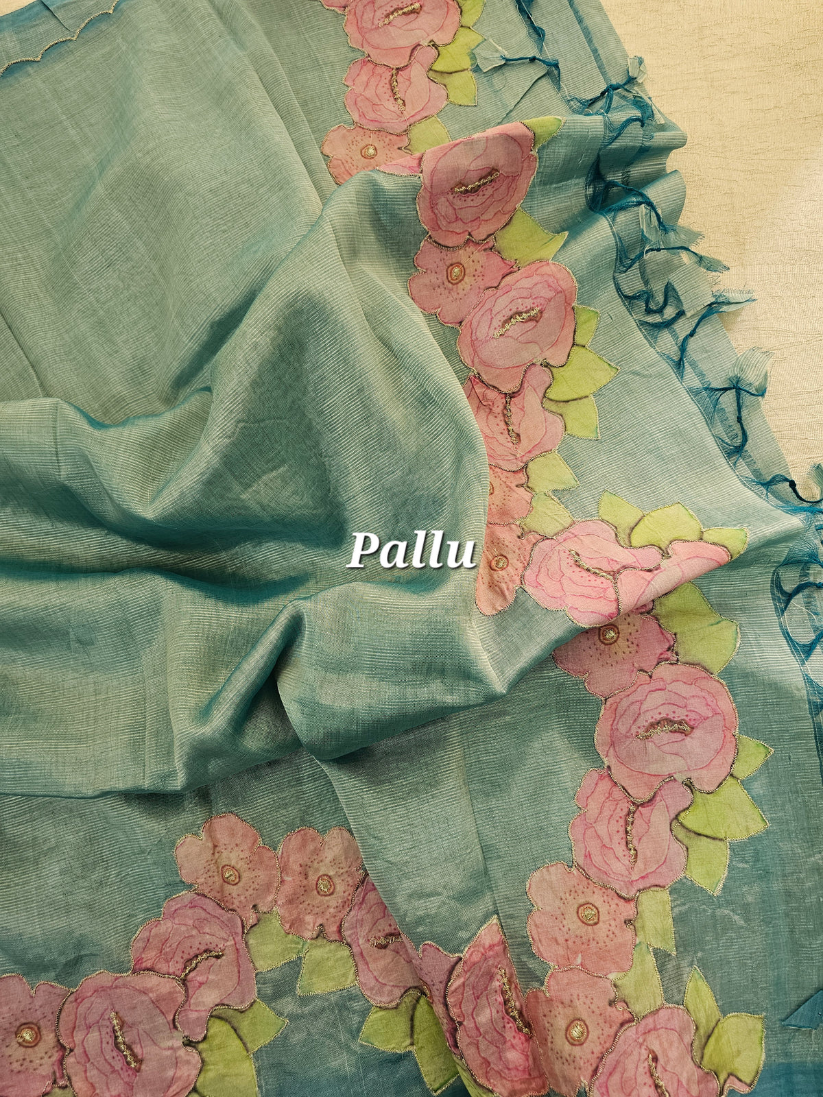 Handwoven Mangalagiri Pattu Saree with Floral Patch Work - Blue