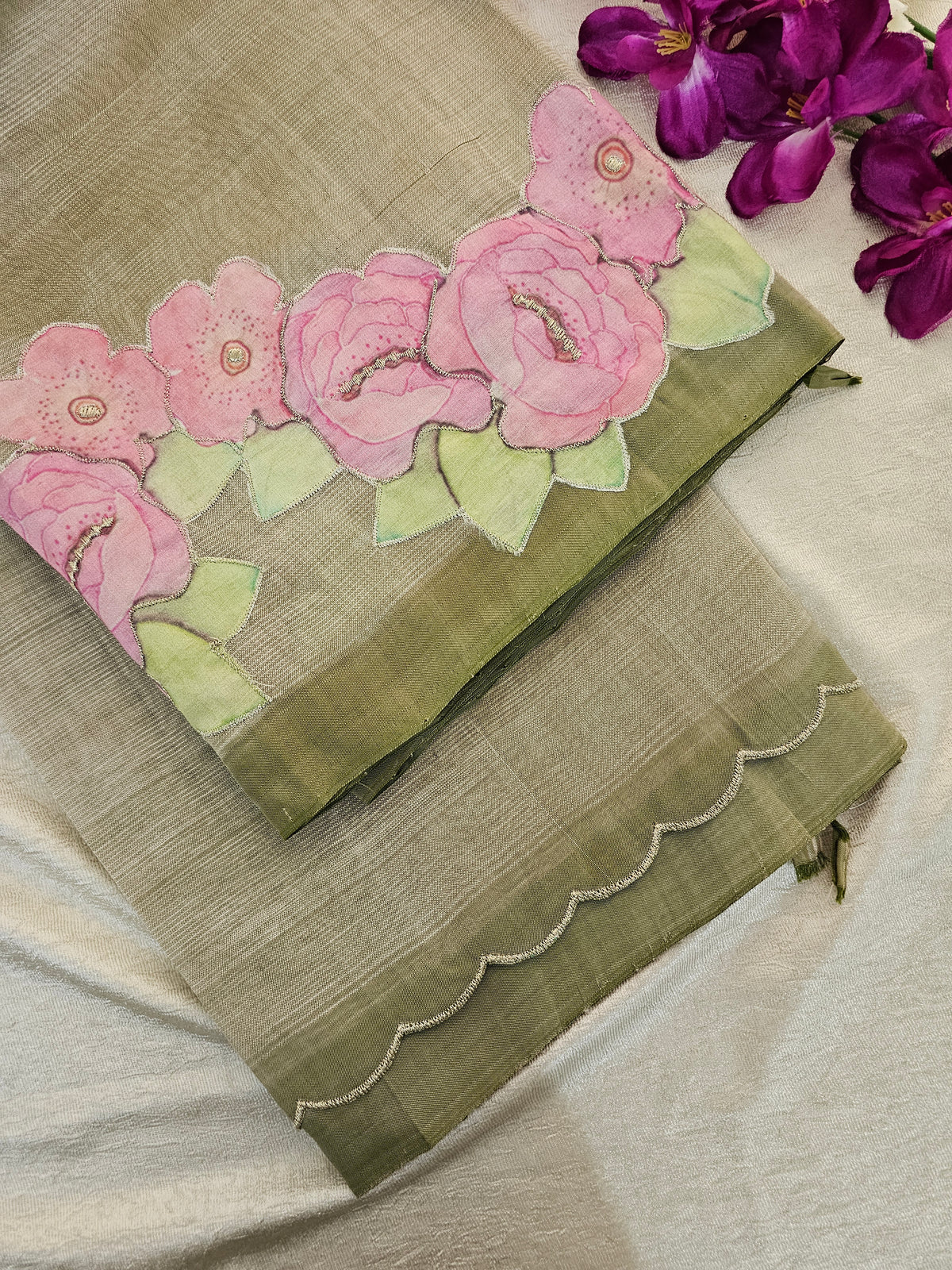 Handwoven Mangalagiri Pattu Saree with Floral Patch Work - Beige