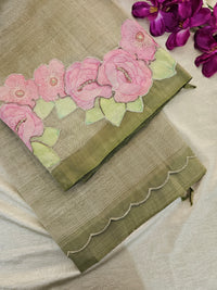 Handwoven Mangalagiri Pattu Saree with Floral Patch Work - Beige