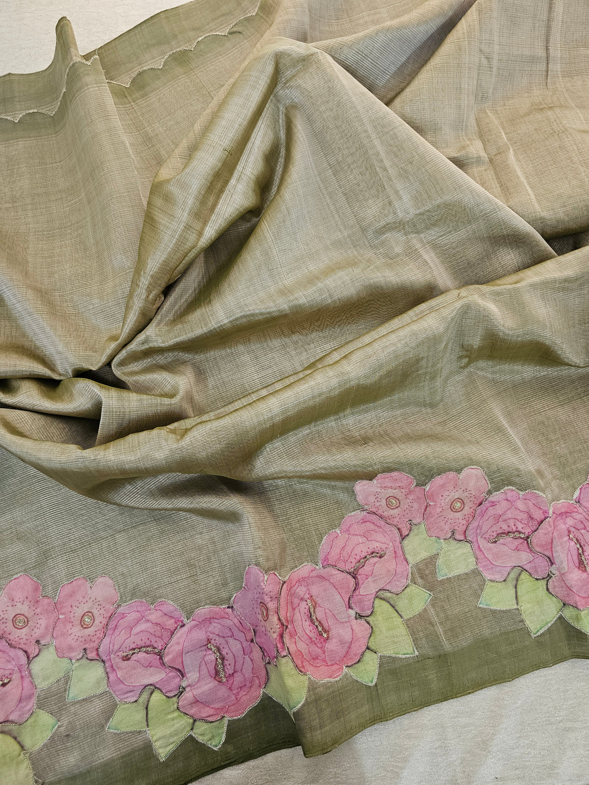 Handwoven Mangalagiri Pattu Saree with Floral Patch Work - Beige