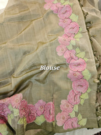 Handwoven Mangalagiri Pattu Saree with Floral Patch Work - Beige