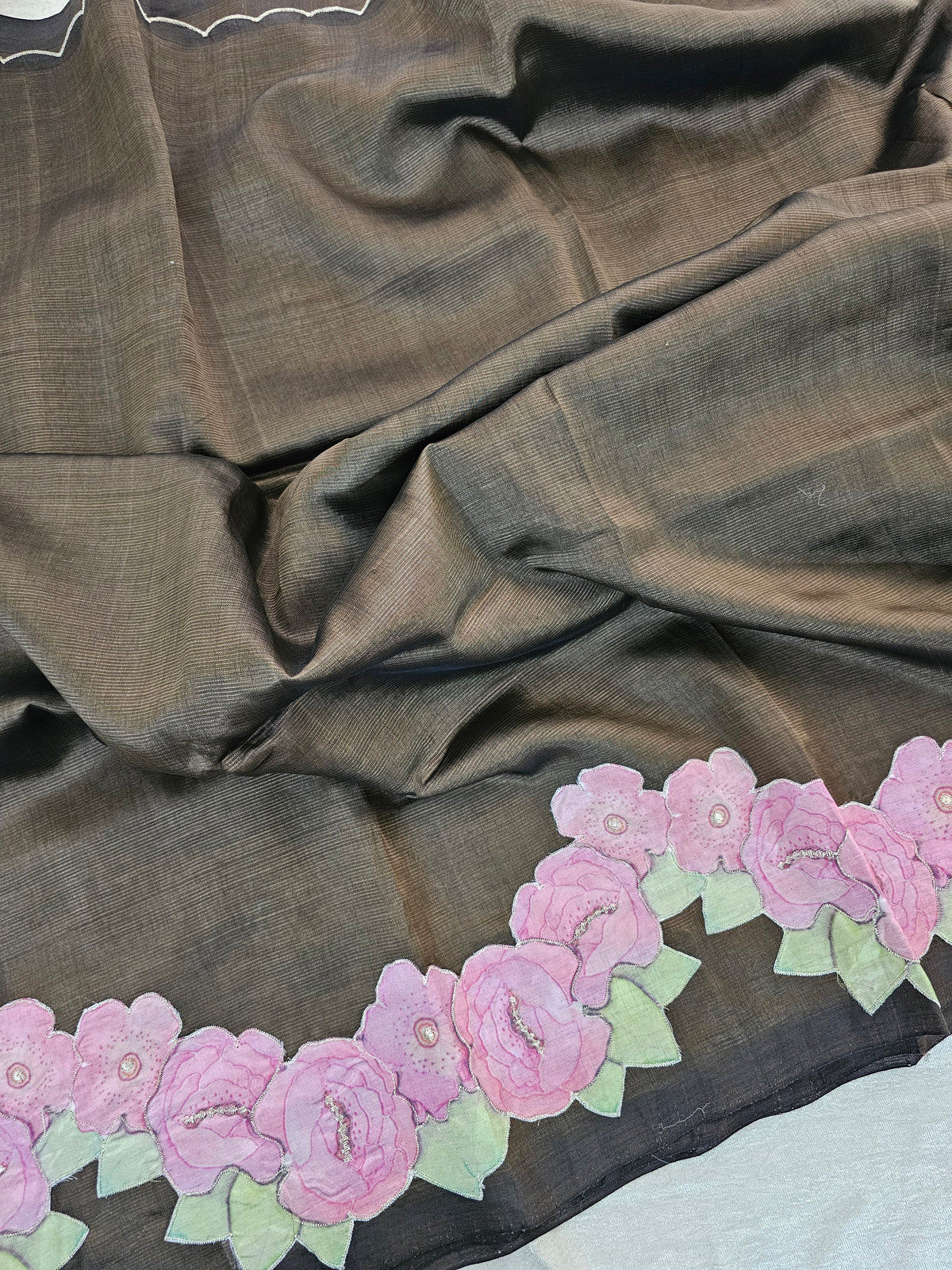 Handwoven Mangalagiri Pattu Saree with Floral Patch Work - Brown