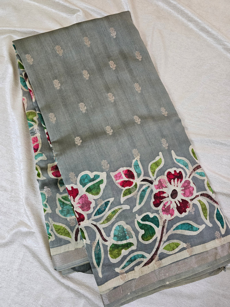 Pure Chanderi Butter Silk with Hand Paint and Zari Weaving Saree - Grey