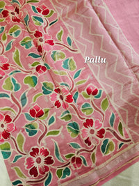 Pure Chanderi Butter Silk with Hand Paint and Zari Weaving Saree - Pink