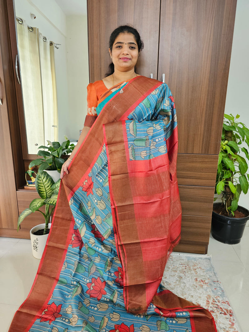 Blue with Red Handwoven Tussar Silk Saree with Zari Border