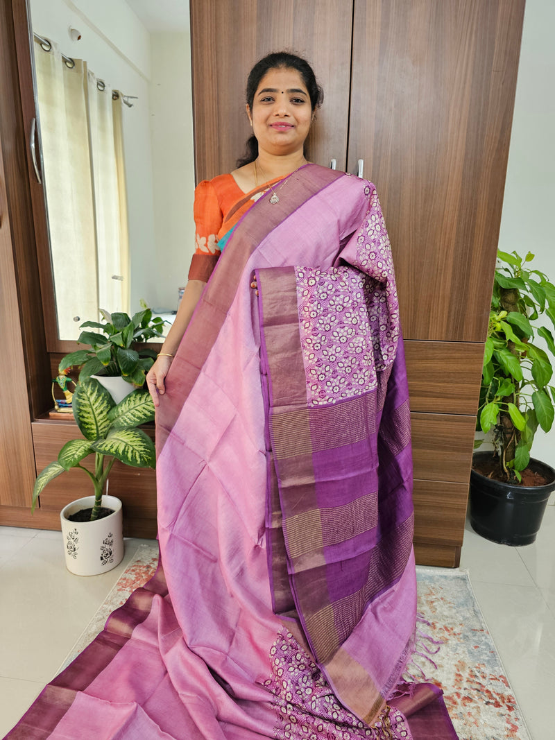 Pink with Purple Handwoven Tussar Silk Saree with Zari Border