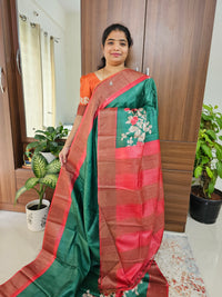 Dark Green with Red Handwoven Tussar Silk Saree with Zari Border