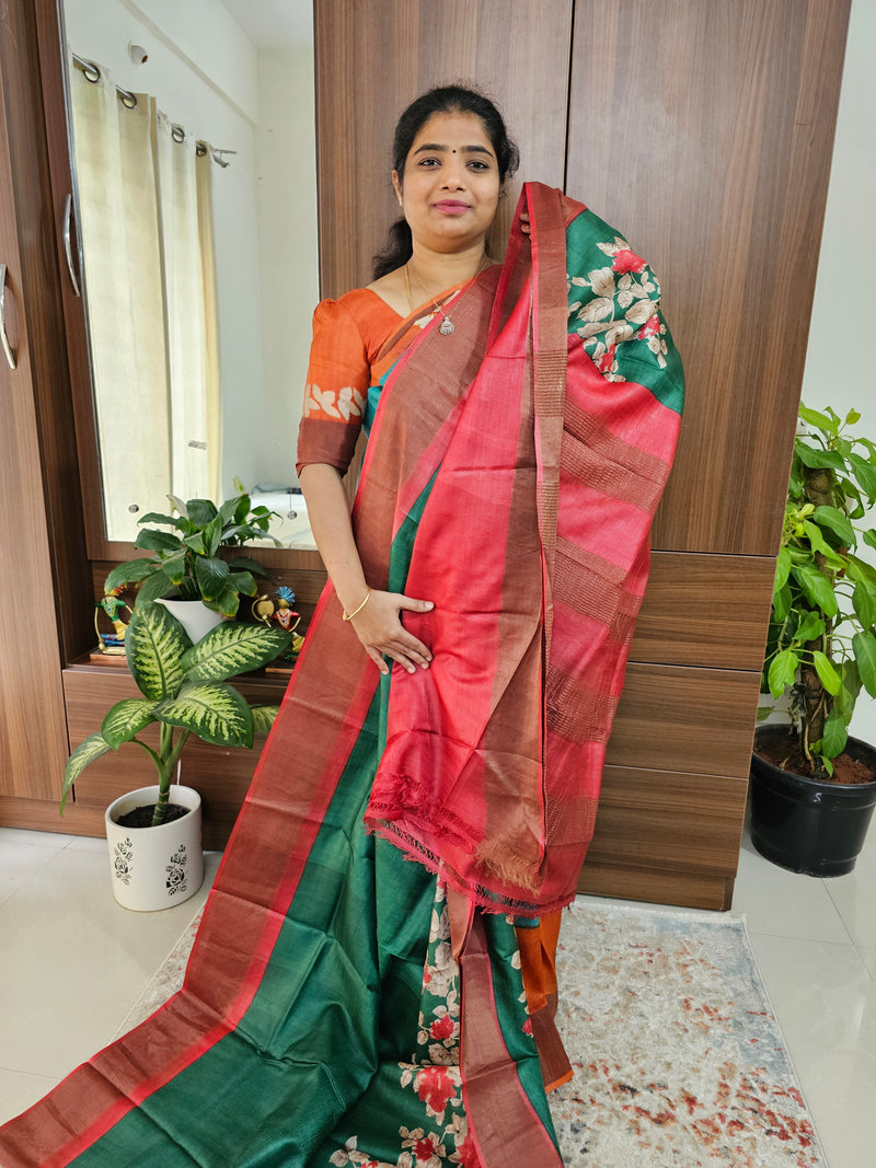 Dark Green with Red Handwoven Tussar Silk Saree with Zari Border