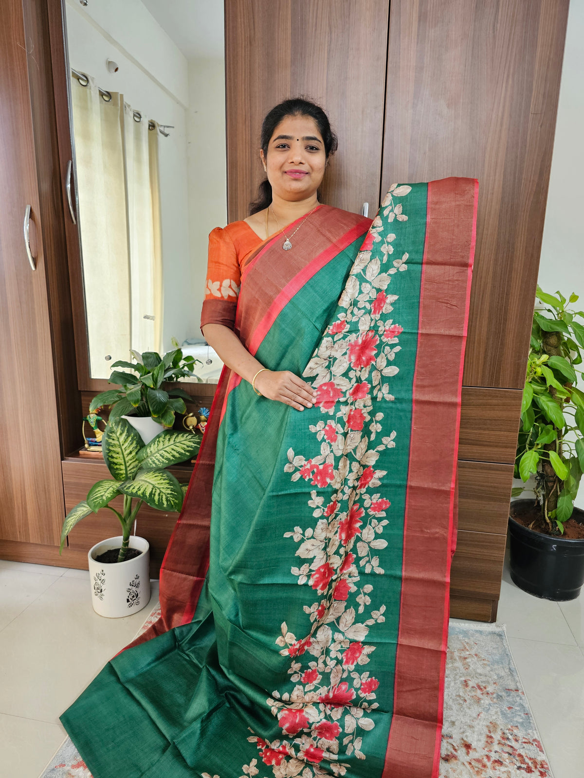 Dark Green with Red Handwoven Tussar Silk Saree with Zari Border