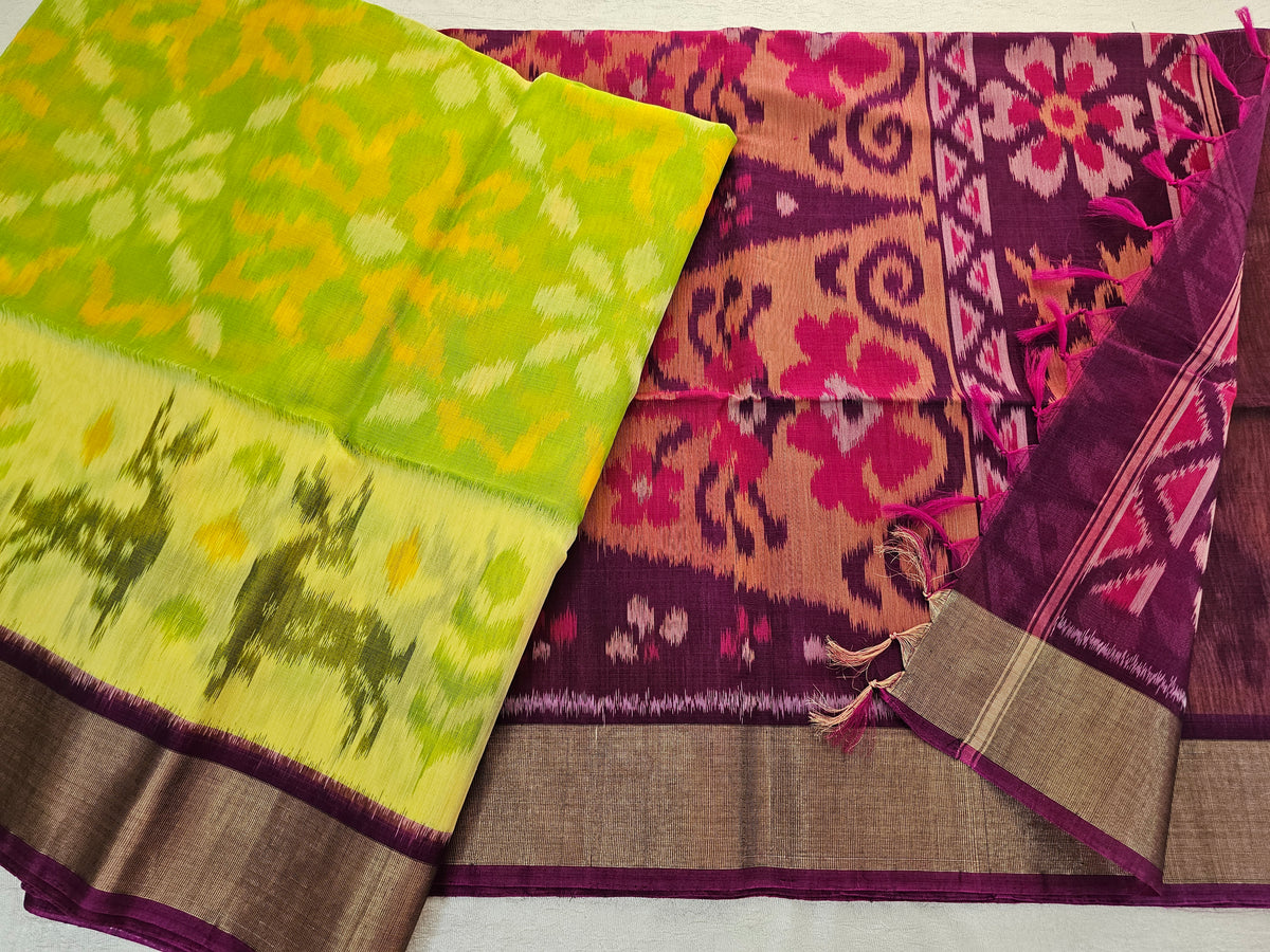 Green with Mangenta Pink Pochampally Ikkat Silk Cotton (SICO Pattu)