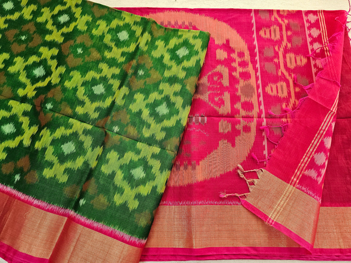 Green with Pink Pochampally Ikkat Silk Cotton (SICO Pattu)