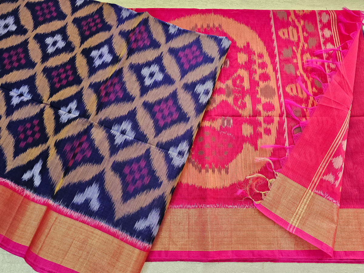 Blue with Pink Pochampally Ikkat Silk Cotton (SICO Pattu)