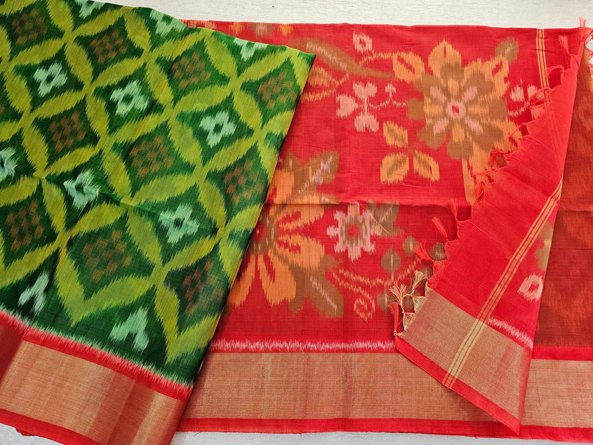 Green with Dark Orange Pochampally Ikkat Silk Cotton (SICO Pattu)