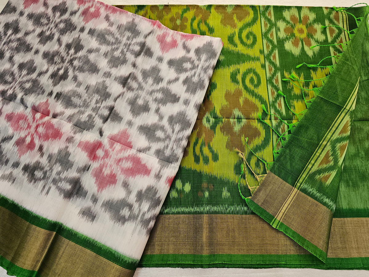 Off-white with Green Pochampally Ikkat Silk Cotton (SICO Pattu)