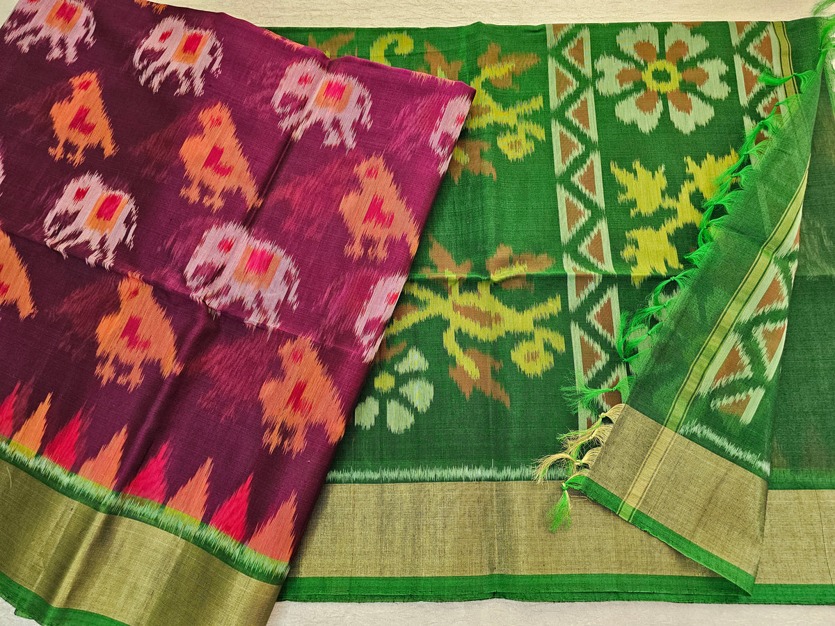 Purple with Green Pochampally Ikkat Silk Cotton (SICO Pattu)