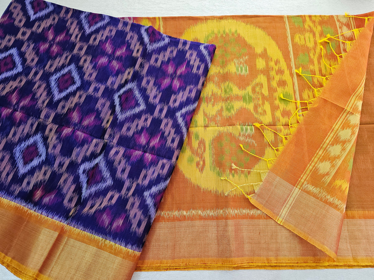 Violet with Mustard Yellow Pochampally Ikkat Silk Cotton (SICO Pattu)