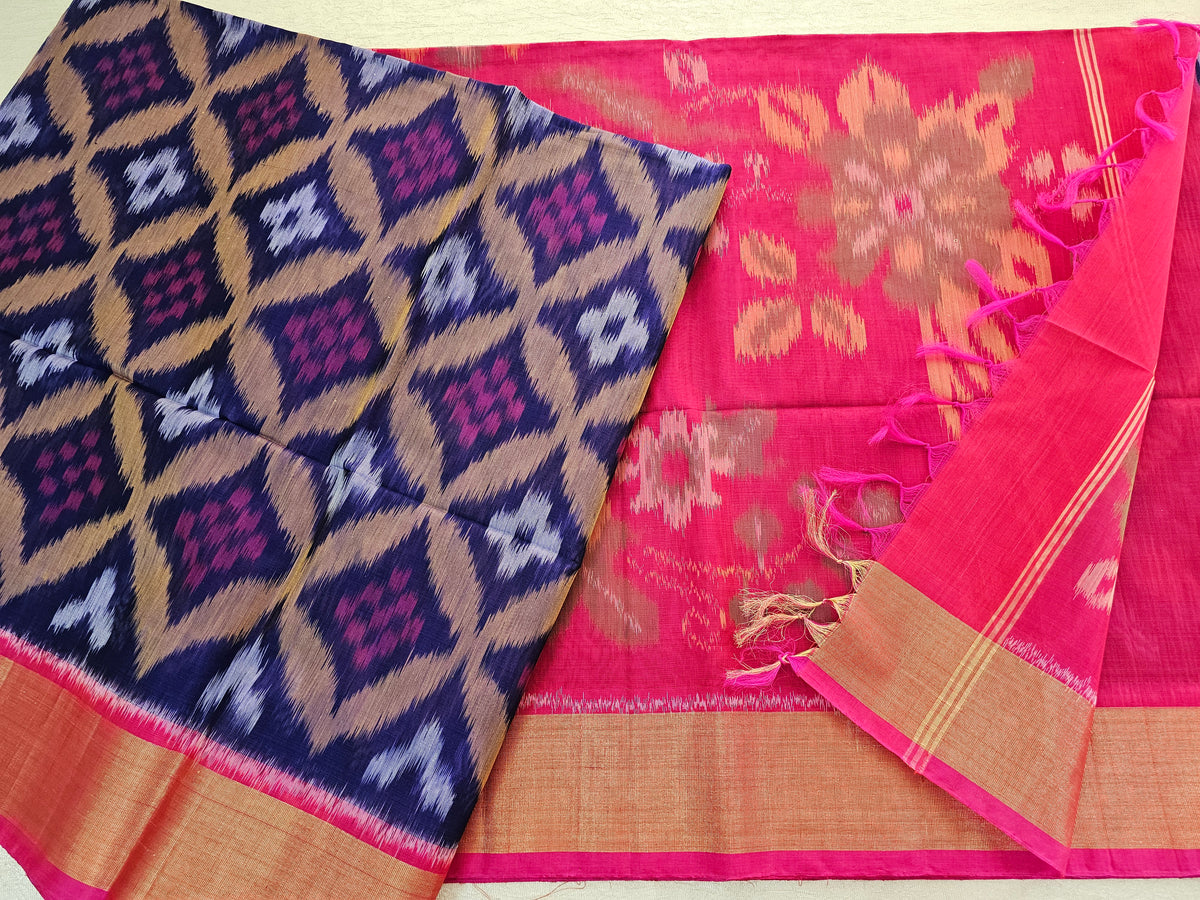 Blue with Pink Pochampally Ikkat Silk Cotton (SICO Pattu)