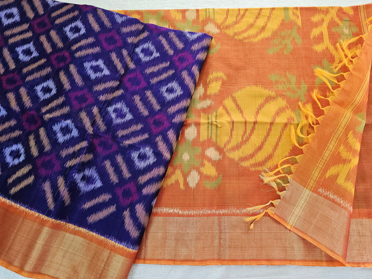 Violet with Mustard Yellow Pochampally Ikkat Silk Cotton (SICO Pattu)