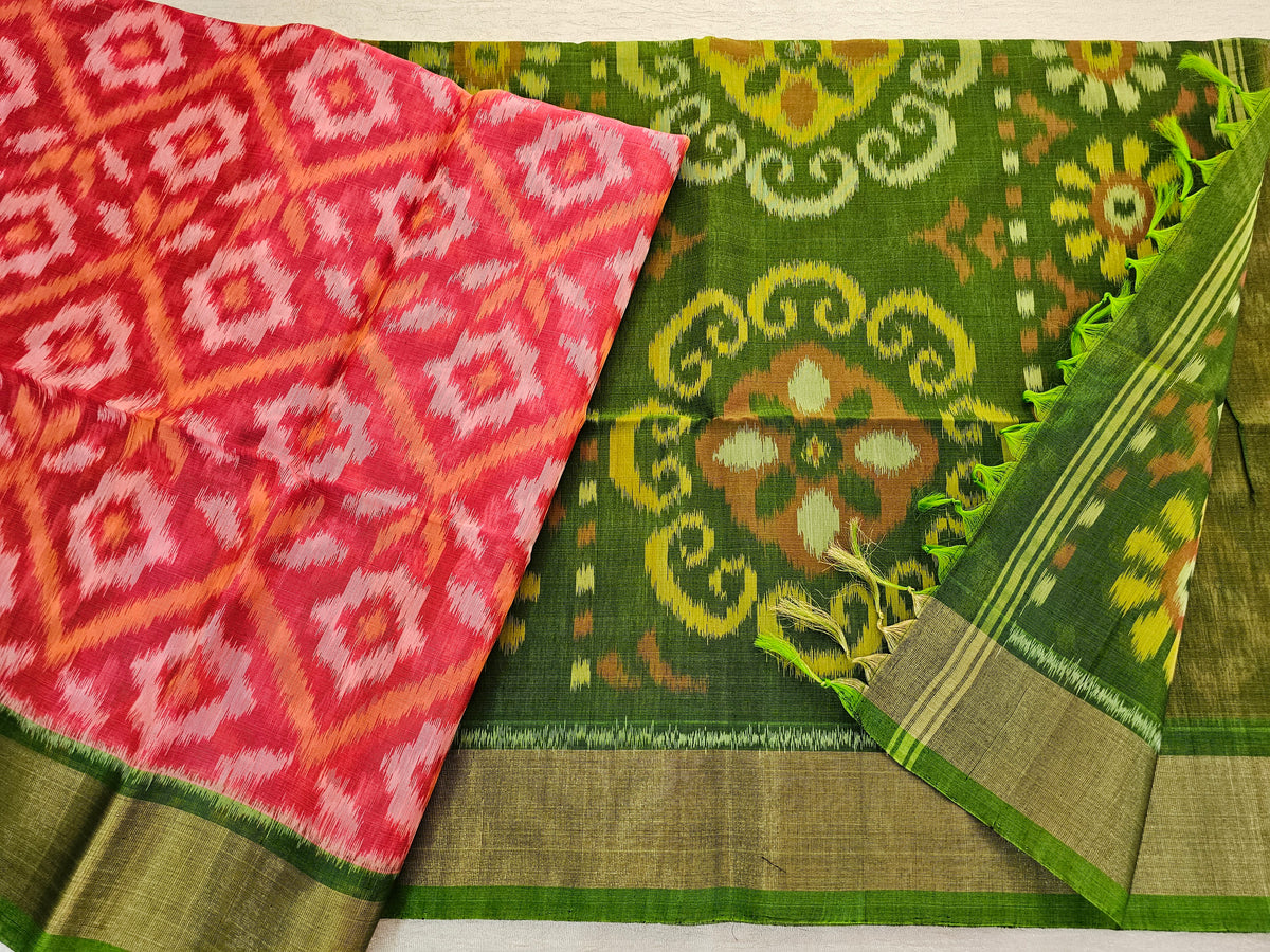 Peach with Green Pochampally Ikkat Silk Cotton (SICO Pattu)