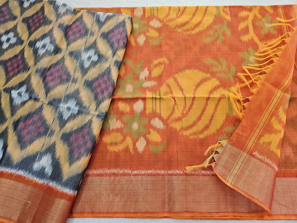 Grey with Mustard Yellow Pochampally Ikkat Silk Cotton (SICO Pattu)