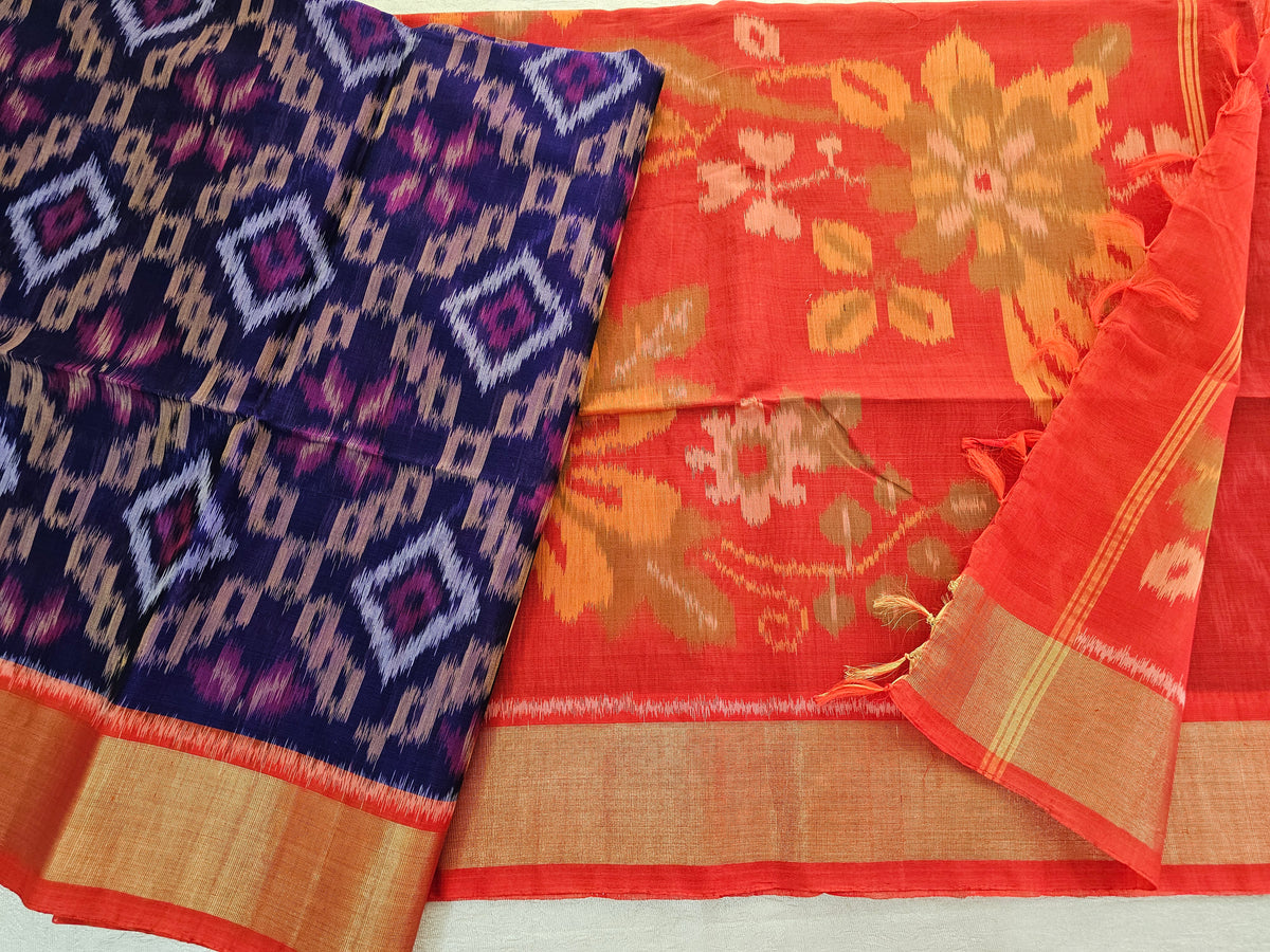 Blue with Orange Pochampally Ikkat Silk Cotton (SICO Pattu)