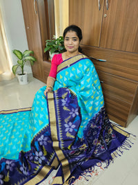 Handloom Pochampally Ikkat Pure Soft Silk Sarees - Sky Blue with Navy Blue