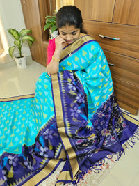 Handloom Pochampally Ikkat Pure Soft Silk Sarees - Sky Blue with Navy Blue