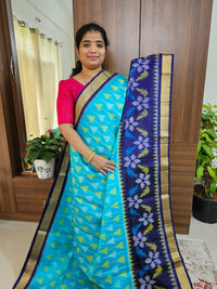 Handloom Pochampally Ikkat Pure Soft Silk Sarees - Sky Blue with Navy Blue