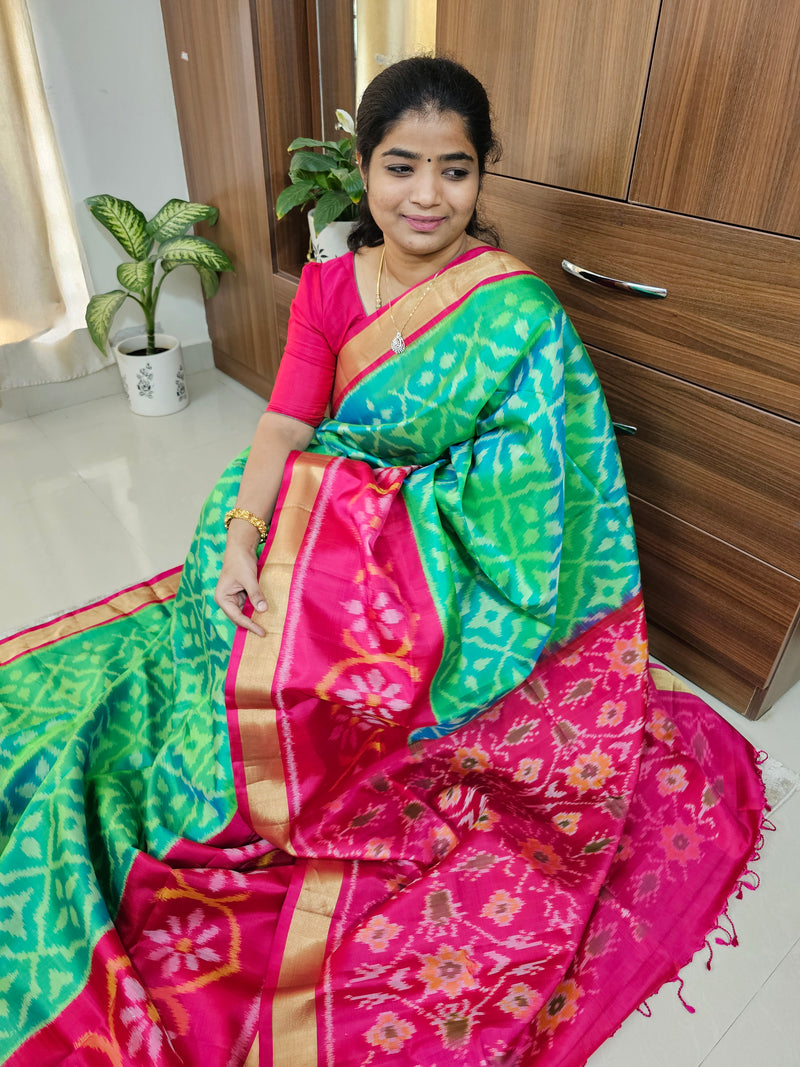 Handloom Pochampally Ikkat Pure Soft Silk Sarees - Green with Pink