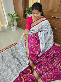 Handloom Pochampally Ikkat Pure Soft Silk Sarees - Off-white Grey with Magenta Pink