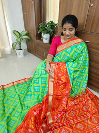 Handloom Pochampally Ikkat Pure Soft Silk Sarees - Sea Green with Orange