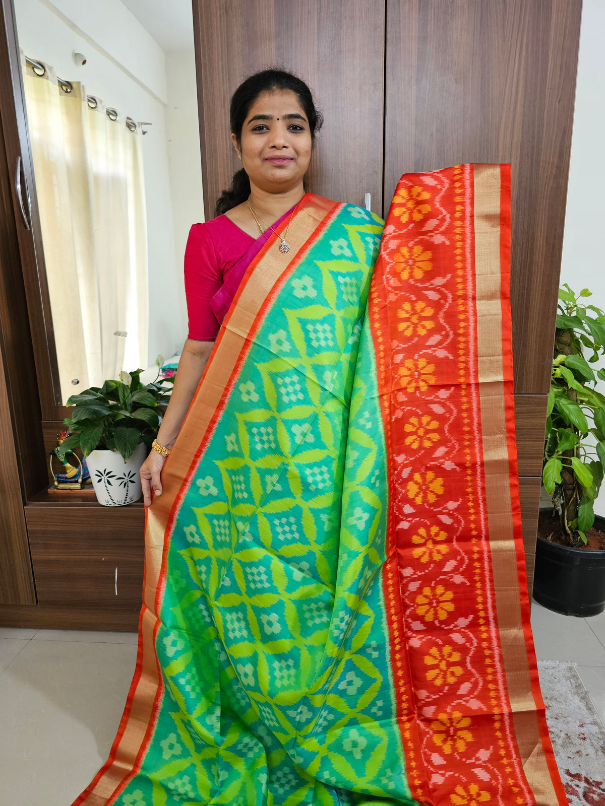 Handloom Pochampally Ikkat Pure Soft Silk Sarees - Sea Green with Orange