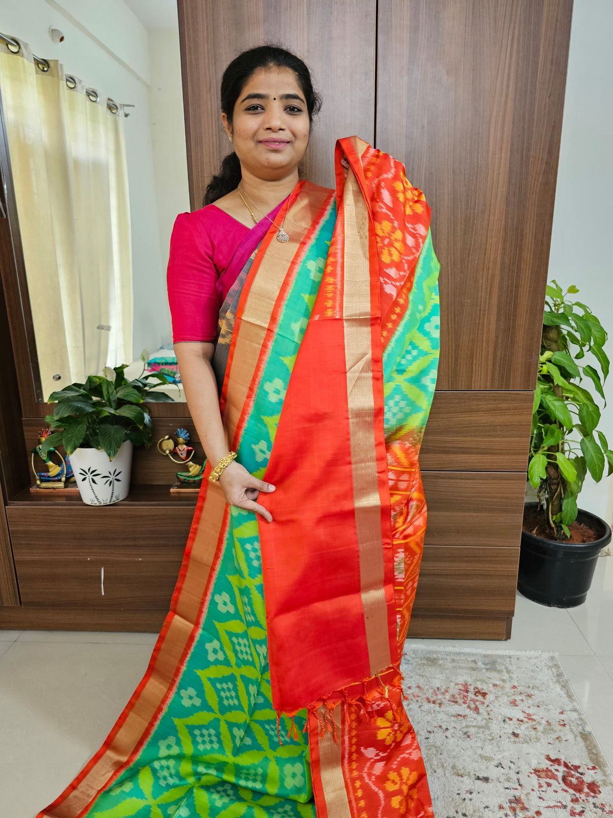 Handloom Pochampally Ikkat Pure Soft Silk Sarees - Sea Green with Orange