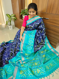 Handloom Pochampally Ikkat Pure Soft Silk Sarees - Navy Blue with Sea Green