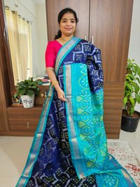 Handloom Pochampally Ikkat Pure Soft Silk Sarees - Navy Blue with Sea Green