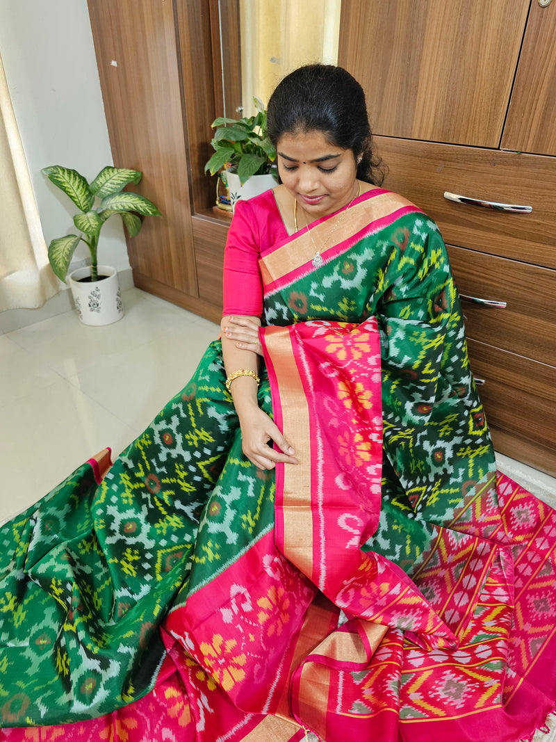 Handloom Pochampally Ikkat Pure Soft Silk Sarees - Bottle Green with Rani Pink