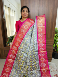 Handloom Pochampally Ikkat Pure Soft Silk Sarees - Grey with Pink