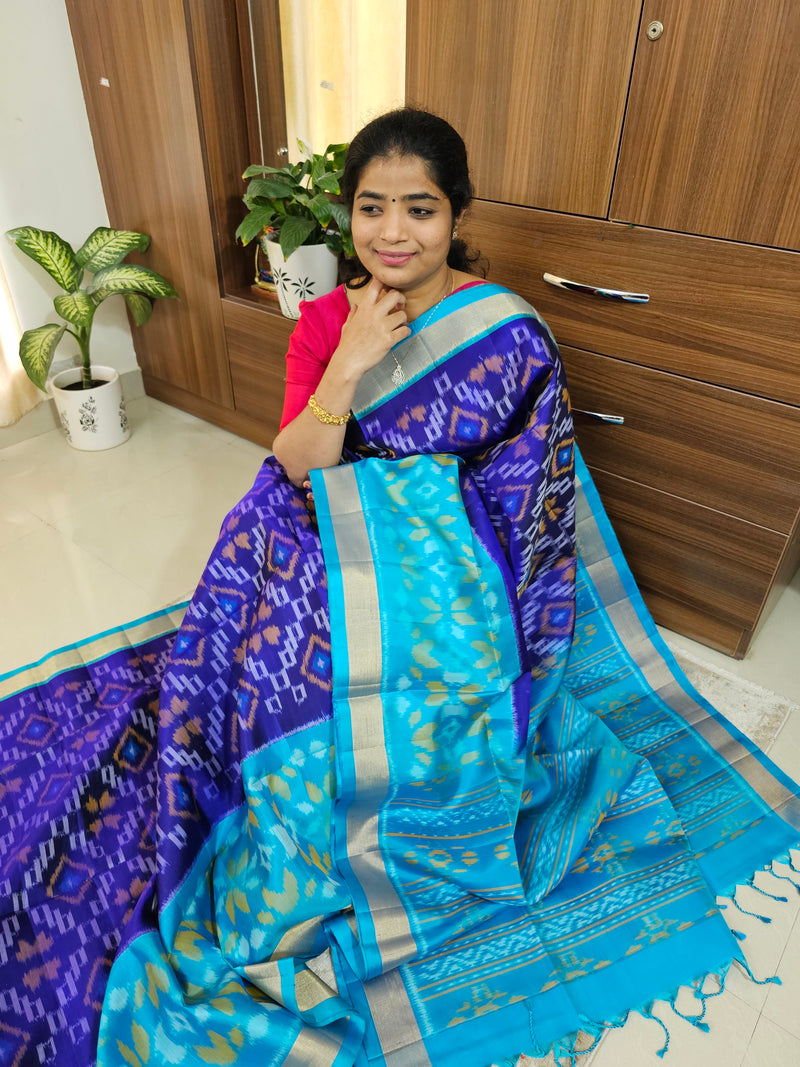 Handloom Pochampally Ikkat Pure Soft Silk Sarees - Royal Blue with Sky Blue