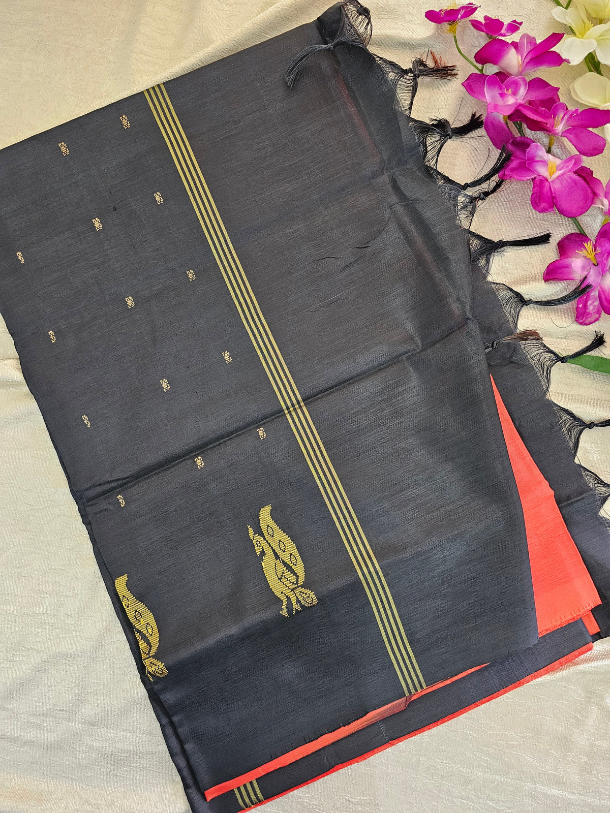 Reddish Orange with Black Chinnalampattu Saree