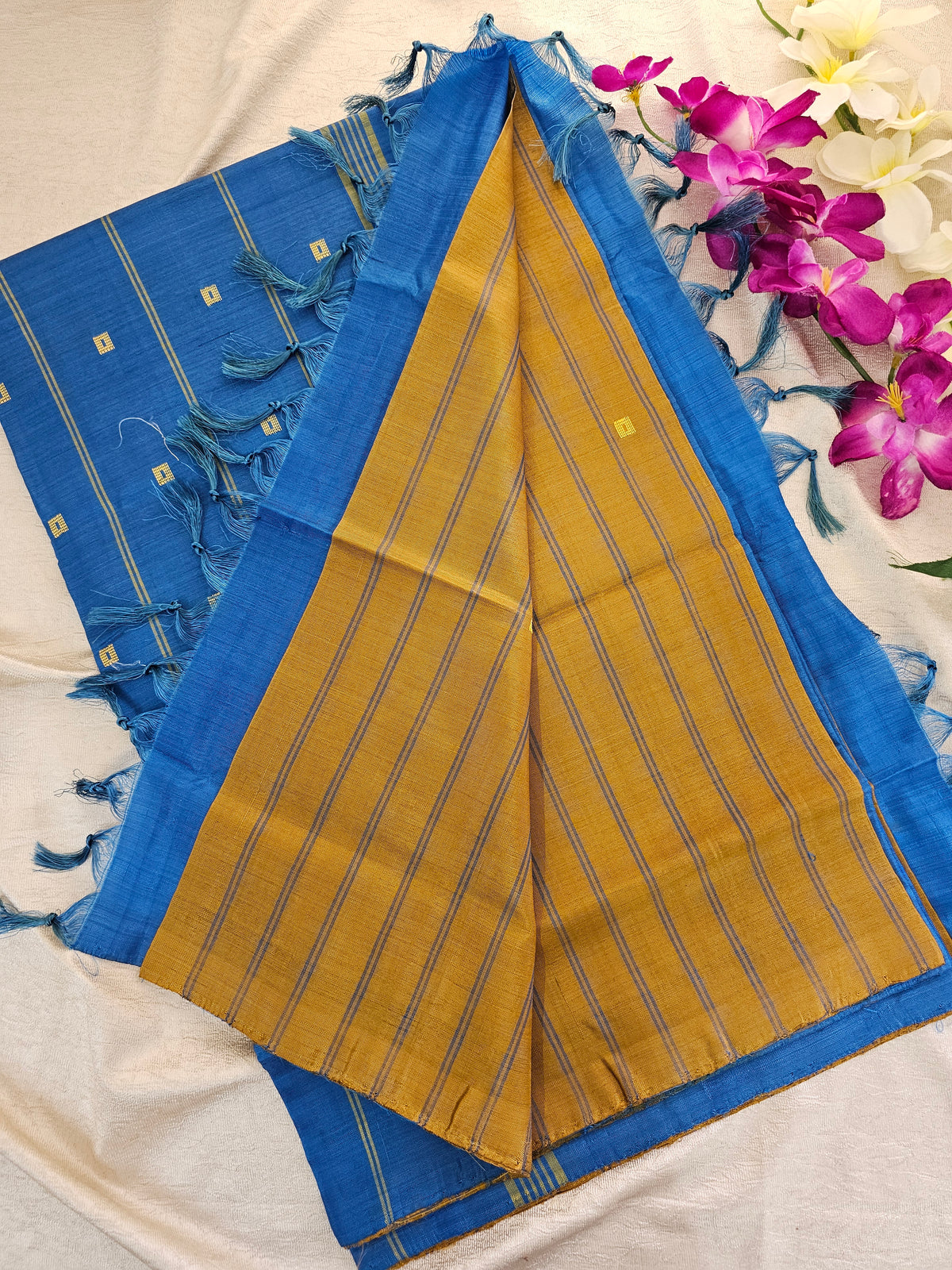 Mustard Yellow with Blue Chinnalampattu Saree