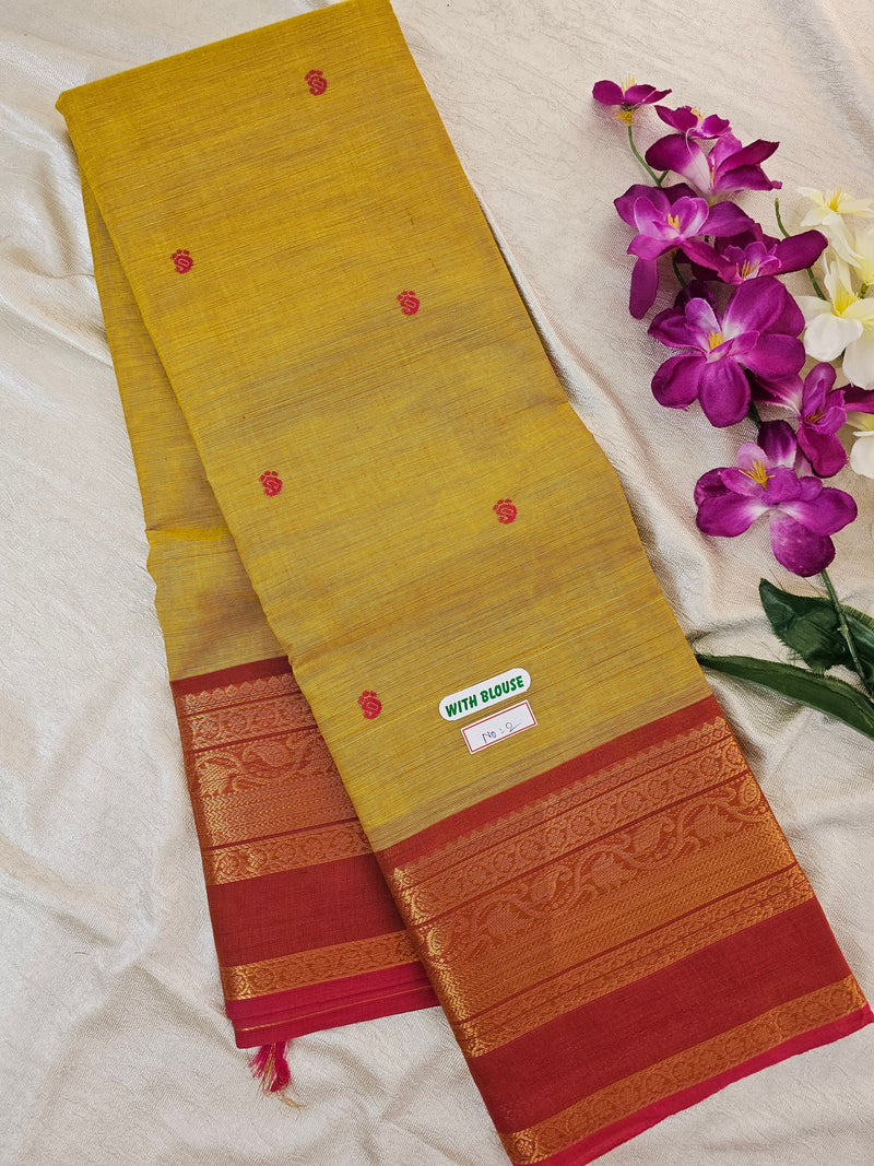 Kanchi Cotton Saree - Mustard Yellow with Red Shade