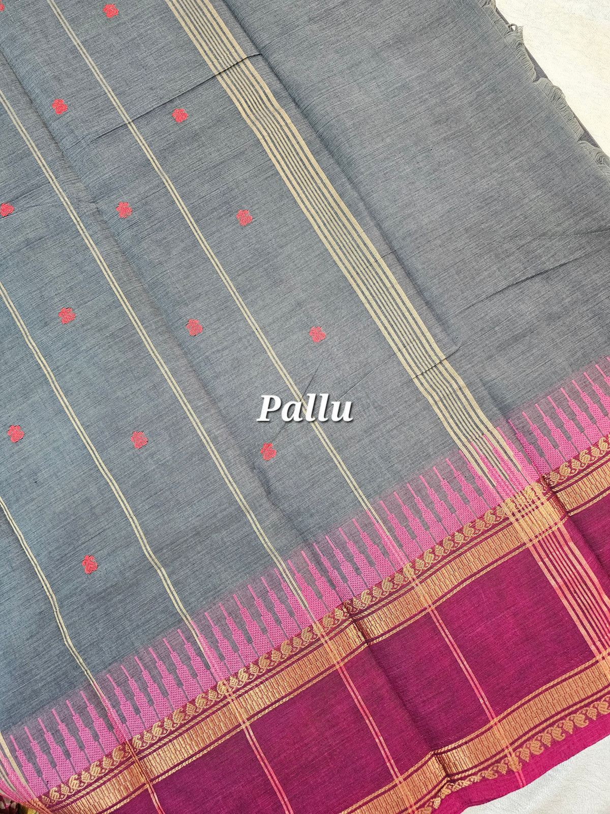 Kanchi Cotton Saree - Grey with Magenta Pink