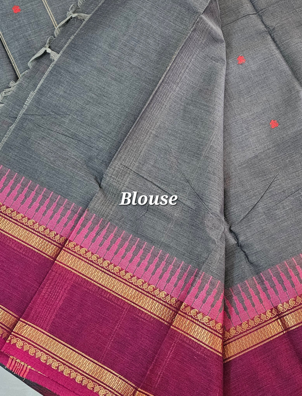 Kanchi Cotton Saree - Grey with Magenta Pink