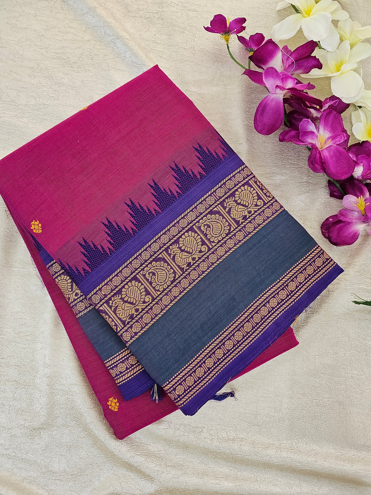 Kanchi Cotton Saree - Dark Pink with Violet