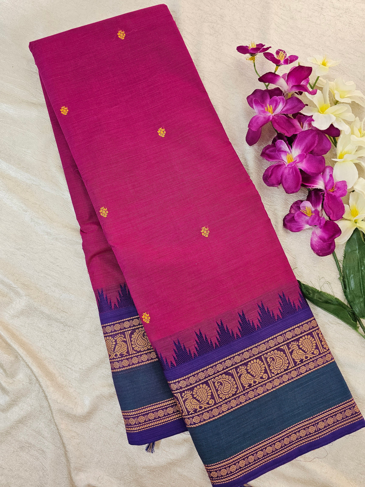 Kanchi Cotton Saree - Dark Pink with Violet