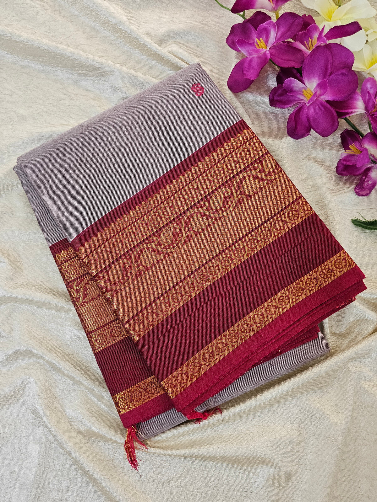 Kanchi Cotton Saree - Grey with Dark Red