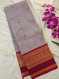 Kanchi Cotton Saree - Grey with Dark Red