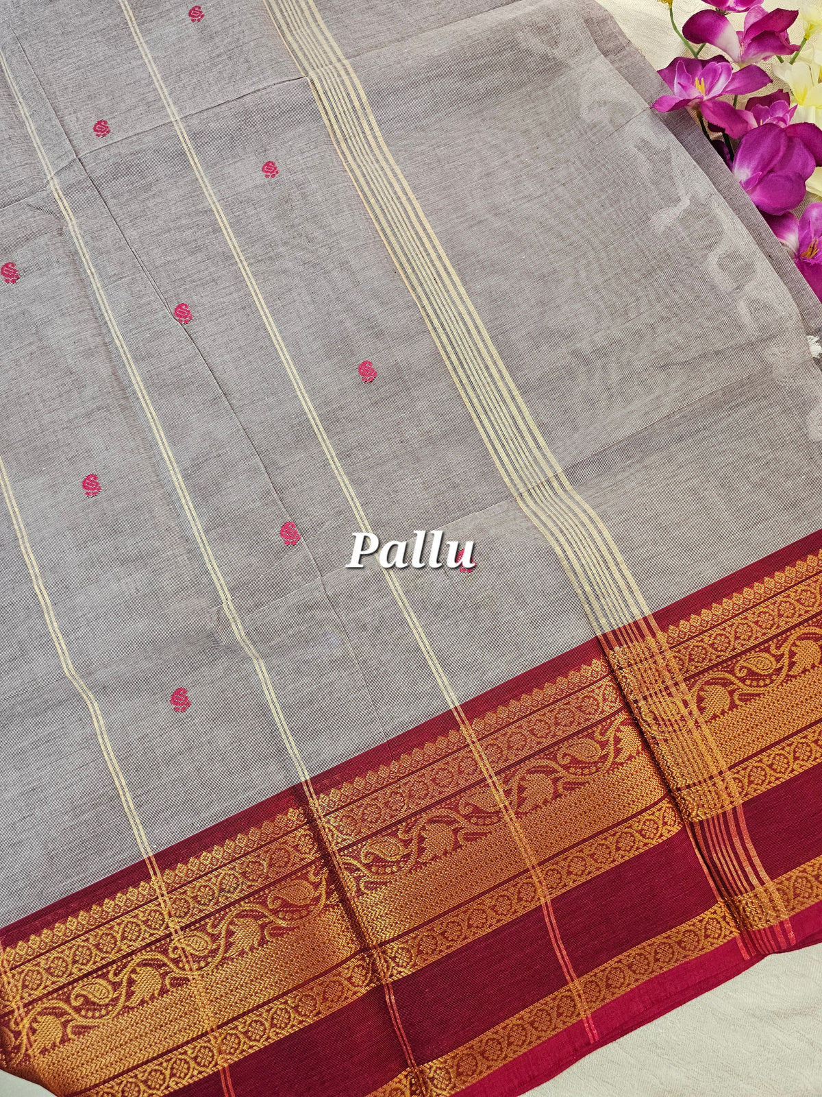 Kanchi Cotton Saree - Grey with Dark Red